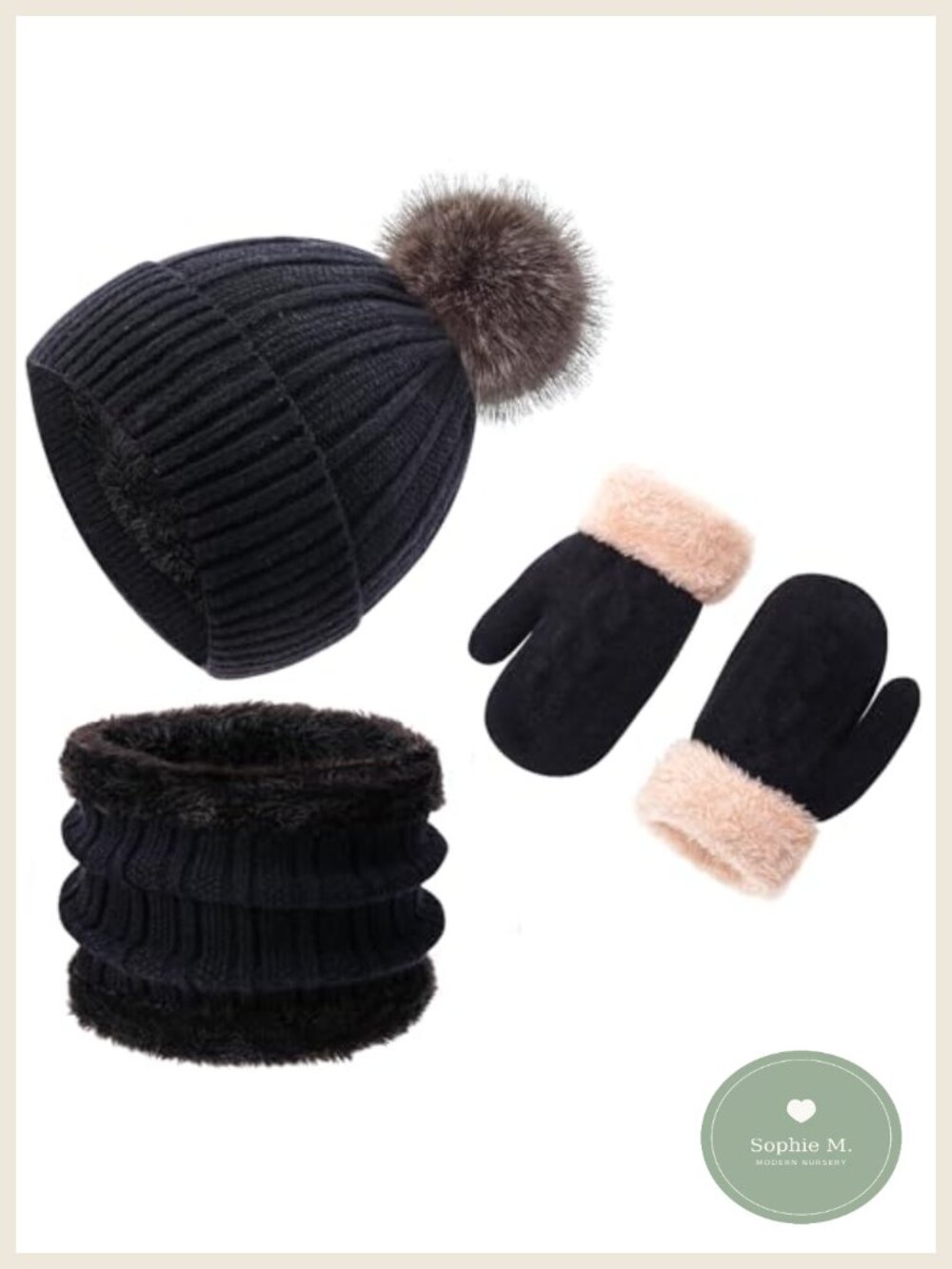 Kids Winter Beanie Hat Gloves Scarf Set Acrylic Knit Fleece Lined Warm